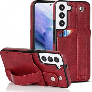 Проектиран за калъф Samsung Galaxy S22 5G портфейл с регулируема каишка за китка Kickstand PU кожа Притежател на кредитна карта Тежка ударна хибридна здрава защитна покривка за жени мъже 6,1 инчов розов